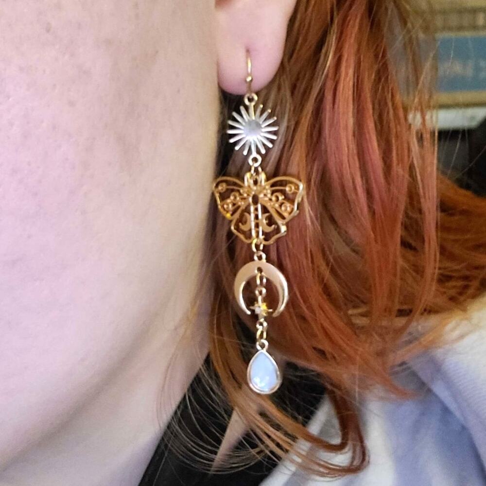 New Crystal Butterfly Gold Quartz Dangle‎ Earrings Stone Boho Rave Faerie Opal - Picture 3 of 3